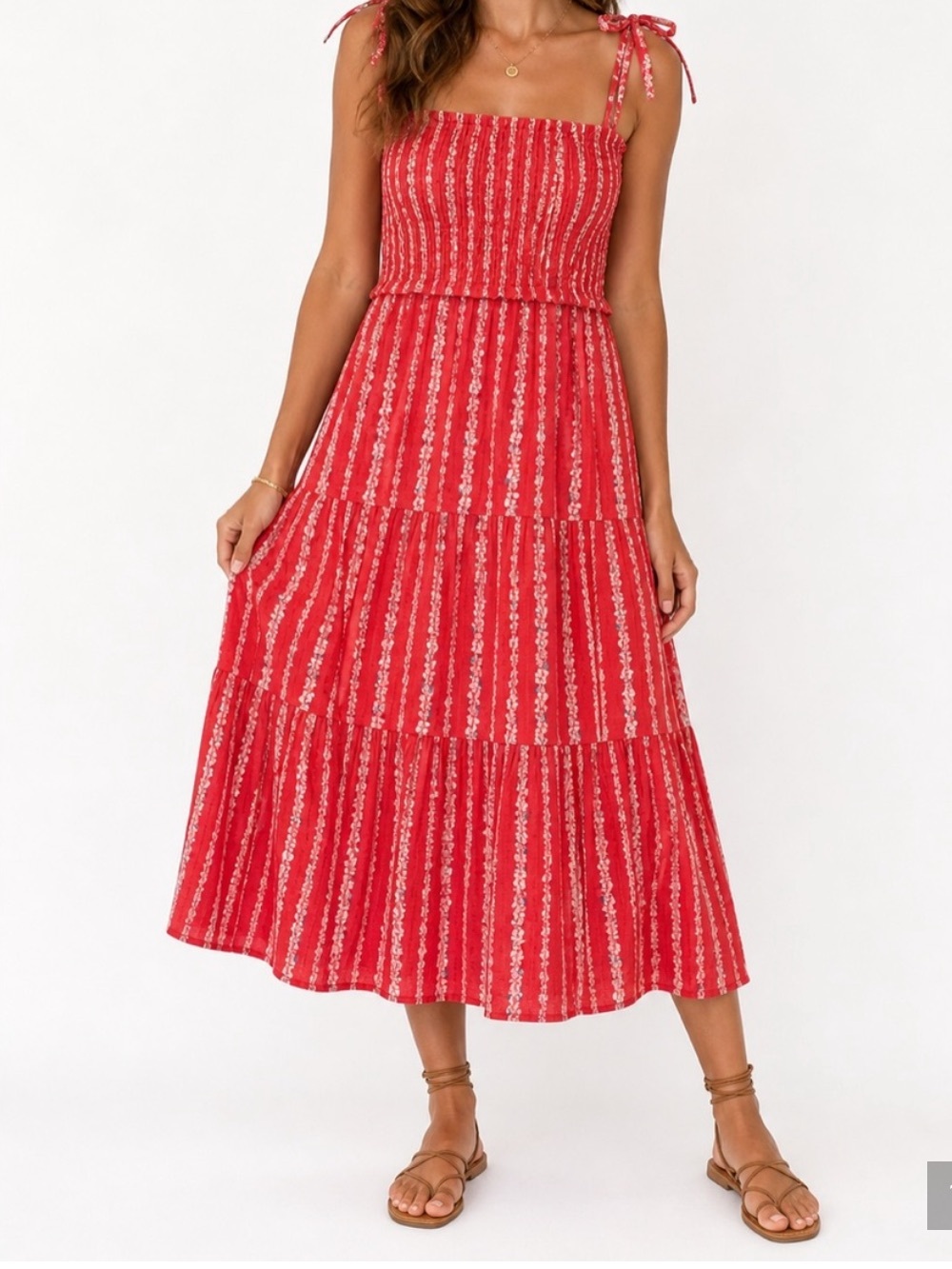 LC Lauren Conrad Coral Floral Tiered Midi Dress Medium